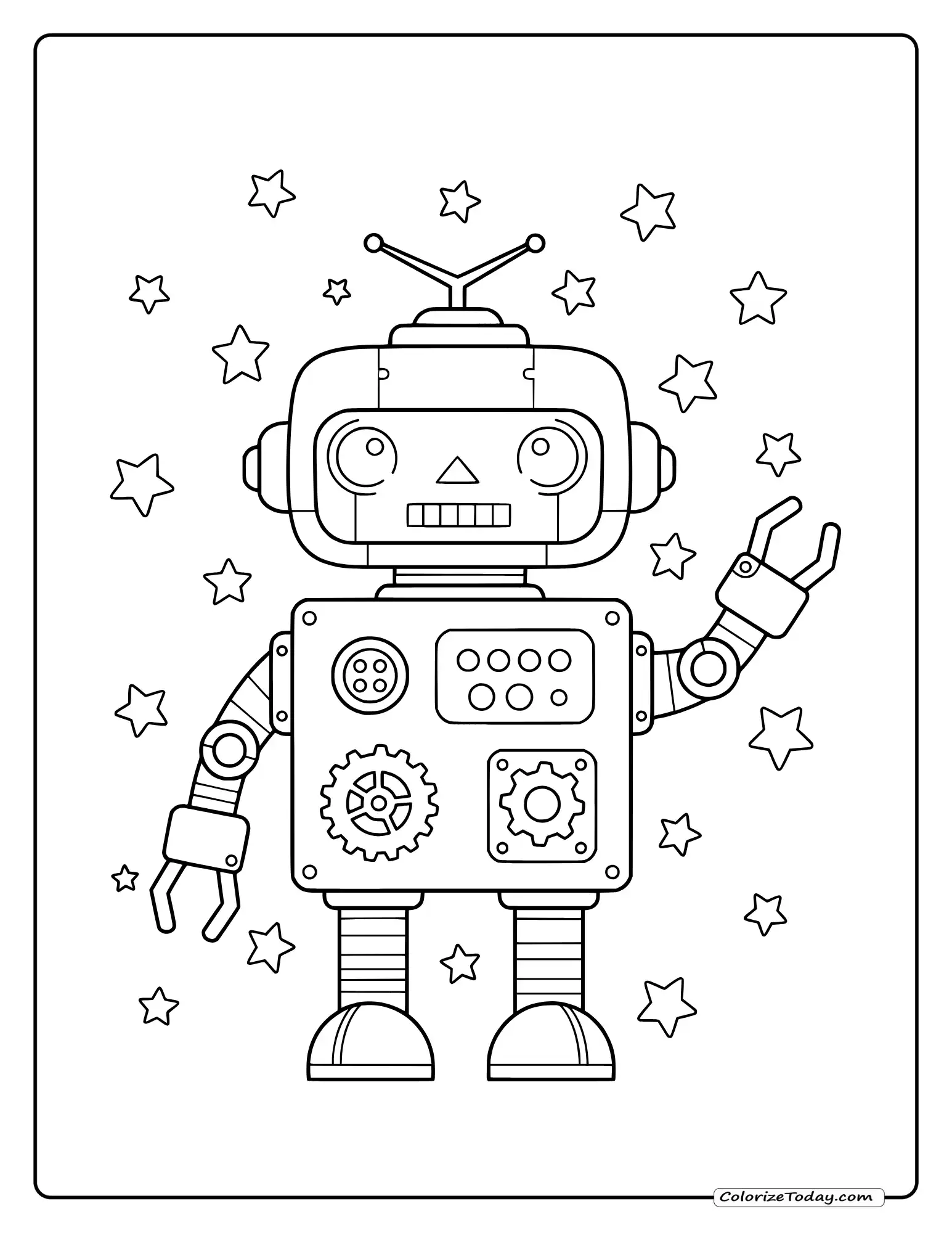 Simple black and white robot coloring page with friendly cartoon robot, antenna, buttons and gears for children