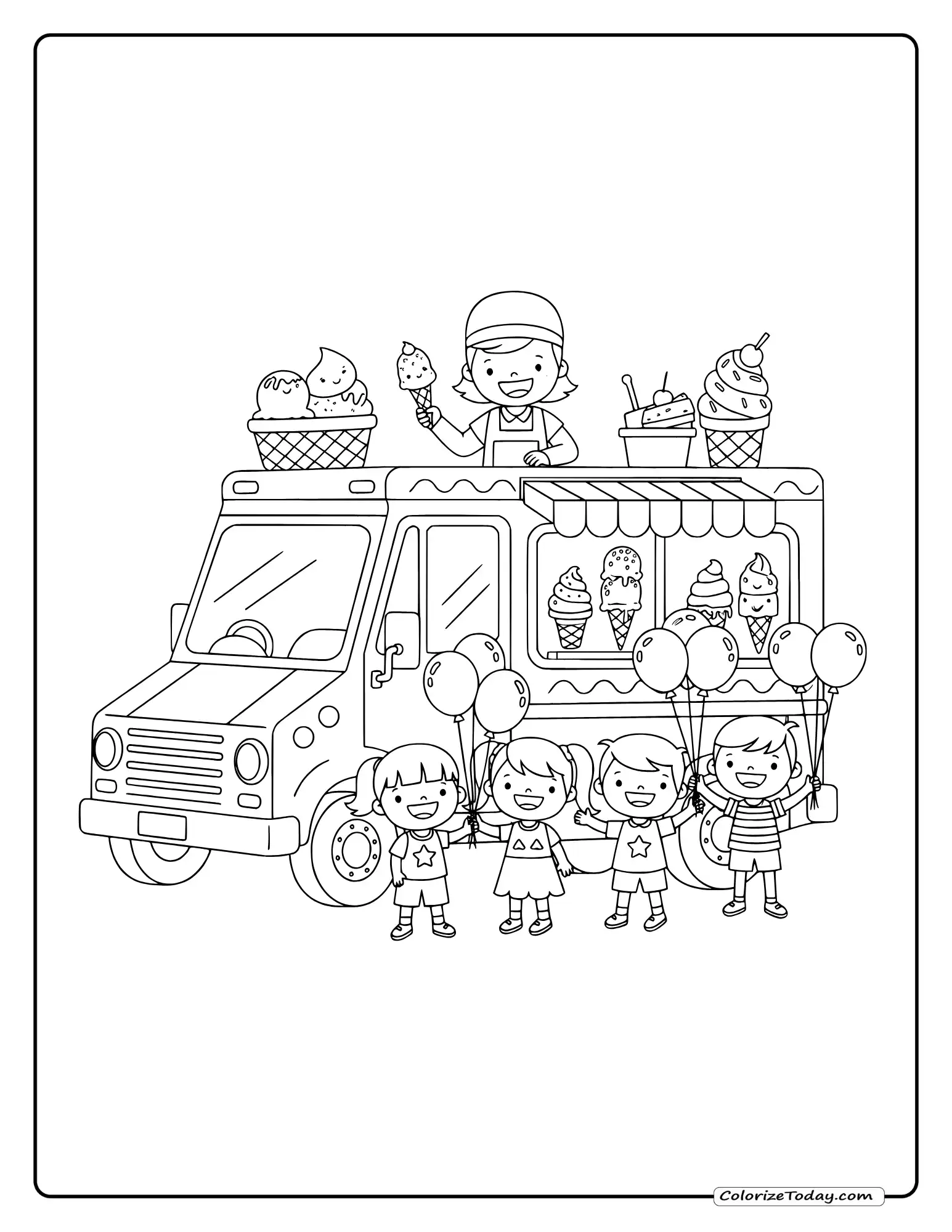 Ice cream truck coloring page with vendor, different ice cream cones, children and balloons