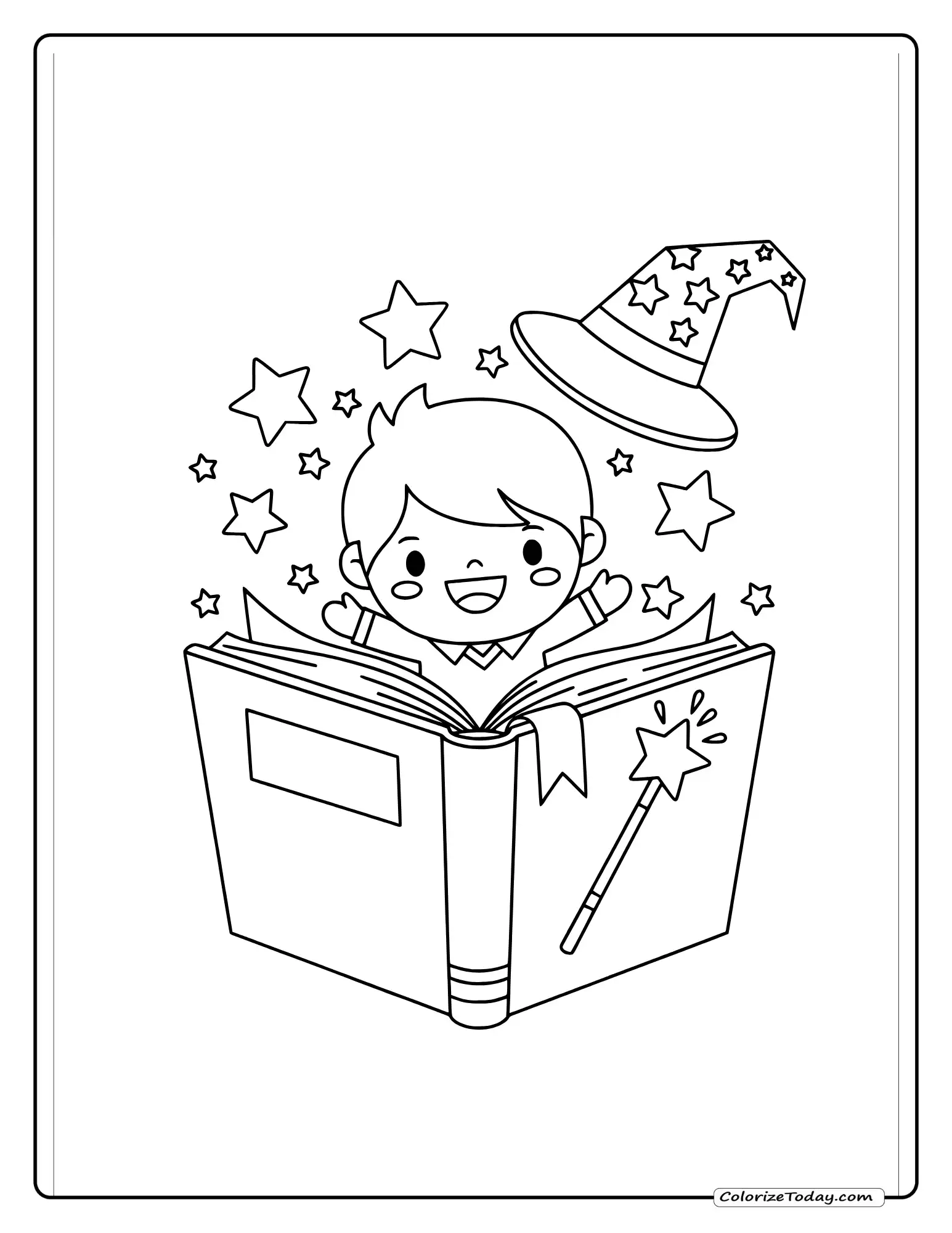 Magical book coloring page with characters jumping out, stars, wizard hat and fairy wand