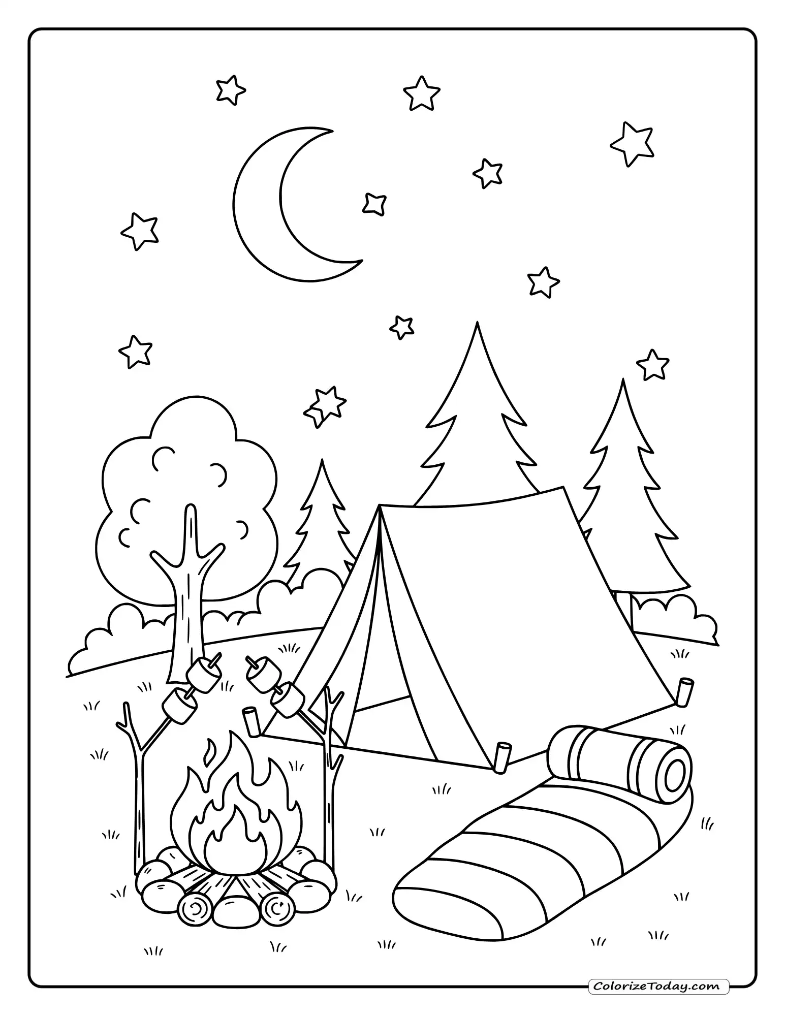 Camping coloring page with tent, campfire, marshmallows, sleeping bag, trees and moon