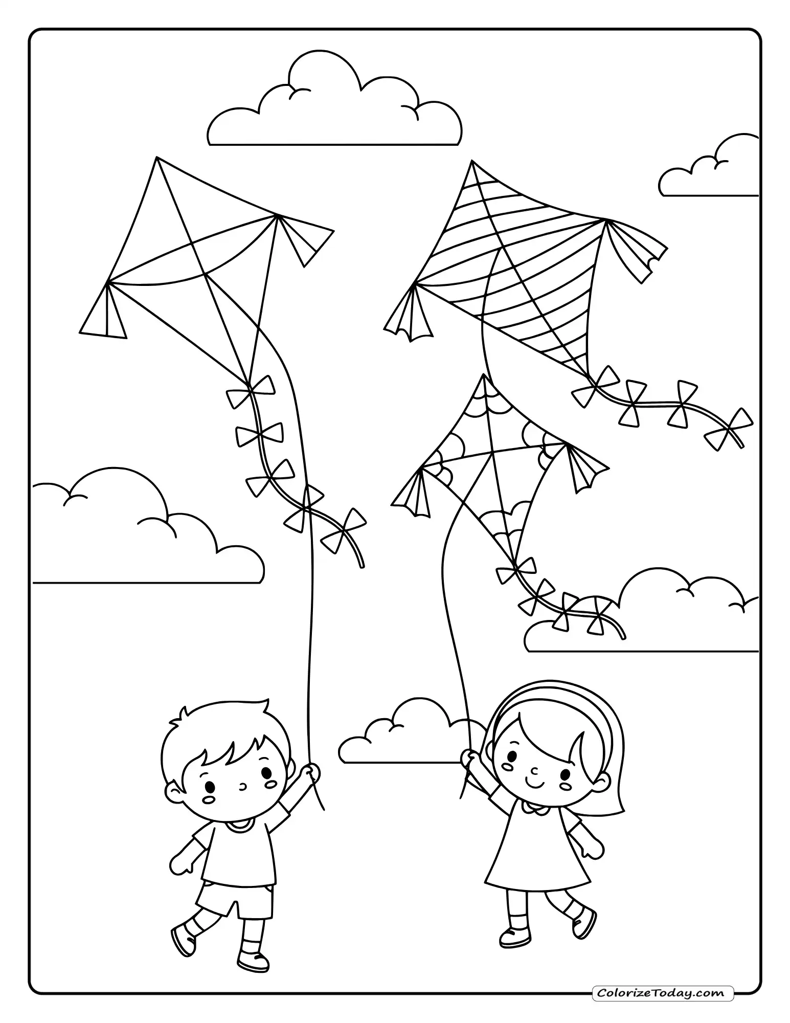 Kites coloring page showing different shaped kites flying in sky with children holding strings