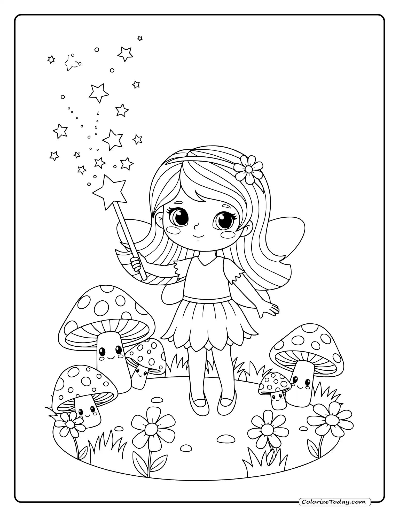Fairy coloring page featuring fairy with wings, magic wand, toadstools, flowers and sparkles