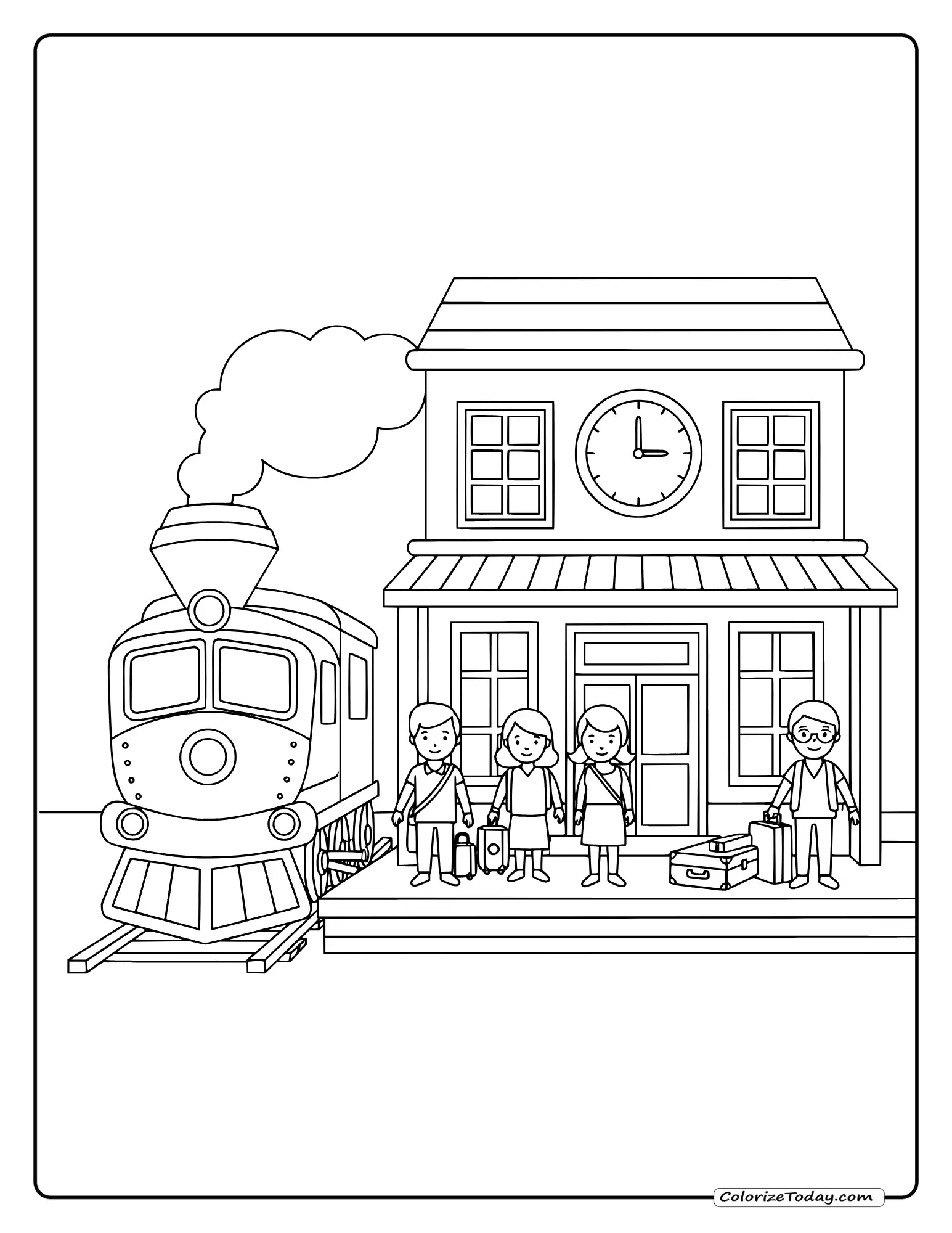 Train station coloring page with locomotive, waiting passengers, platform, clock and luggage