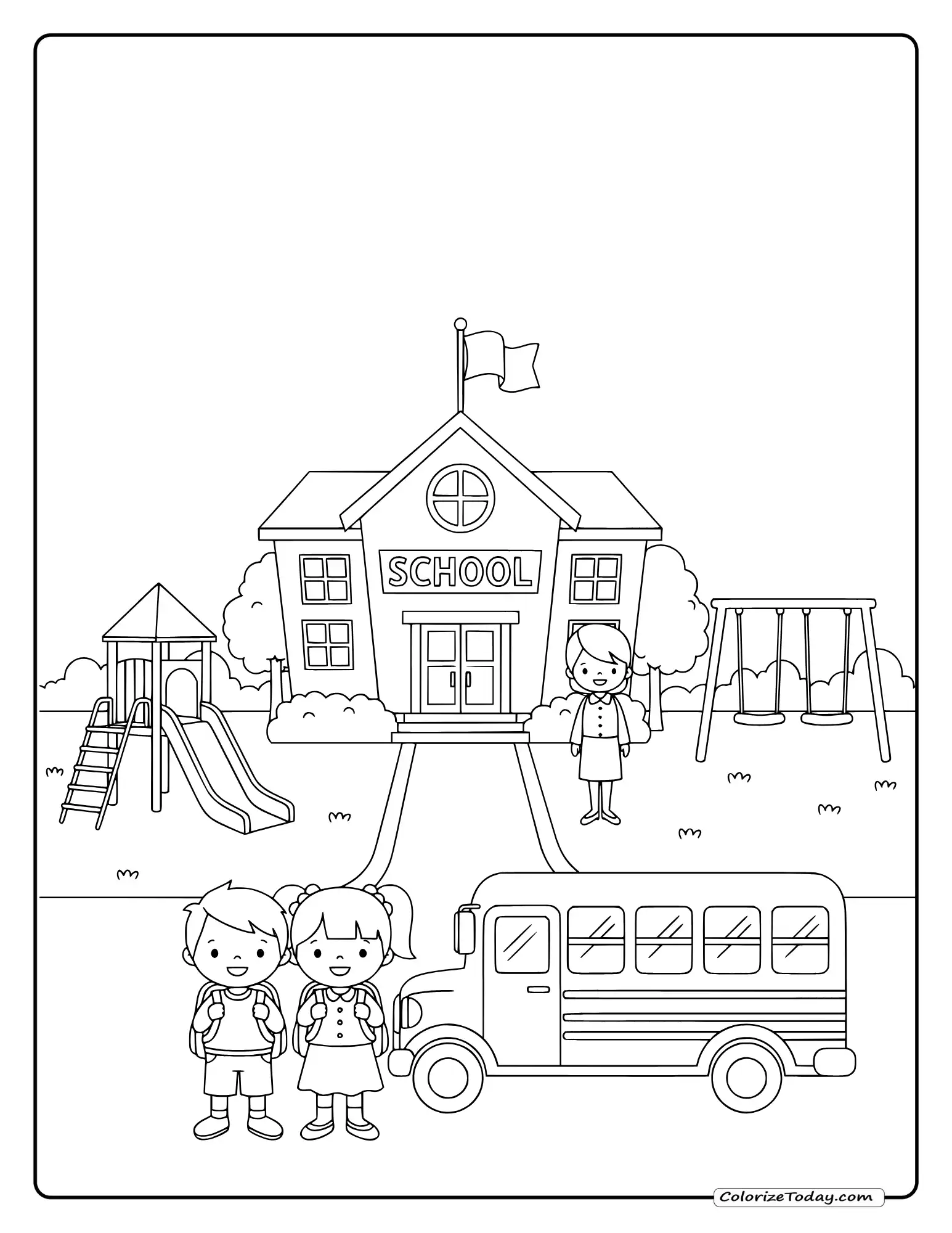 School coloring page with school building, flag, children with backpacks, bus and teacher