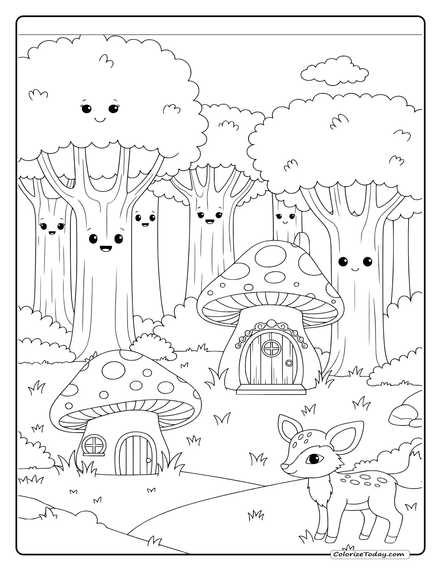 Magical forest coloring page featuring talking trees, mushroom houses, fairy doors and woodland creatures