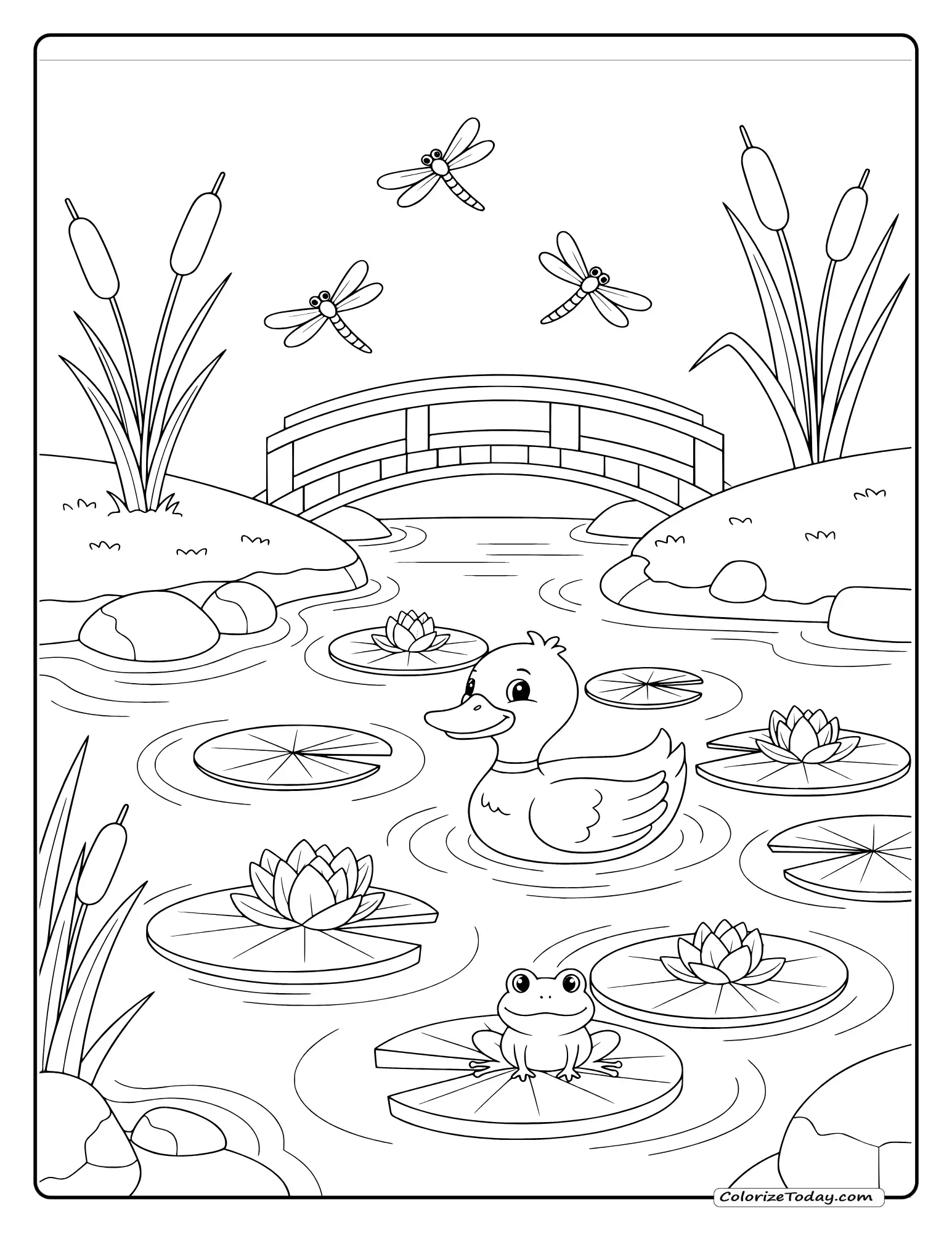 Pond coloring page with ducks, lily pads, frogs, cattails, dragonflies and small bridge