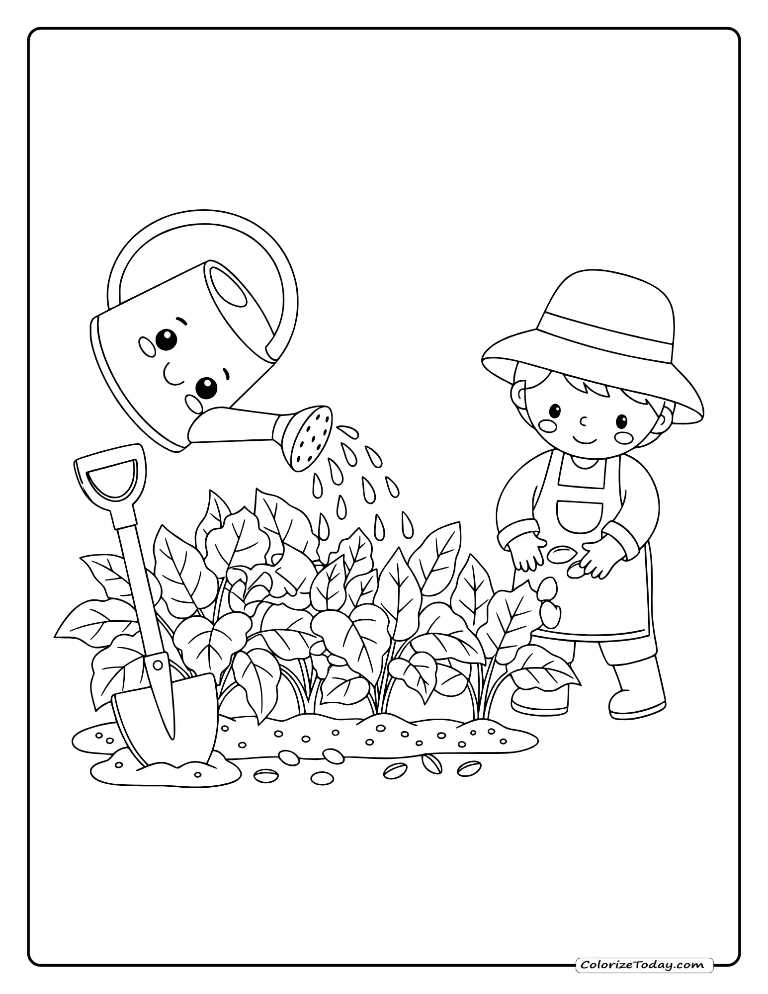 Gardening coloring page with watering can, shovel, seeds, growing plants and gardener