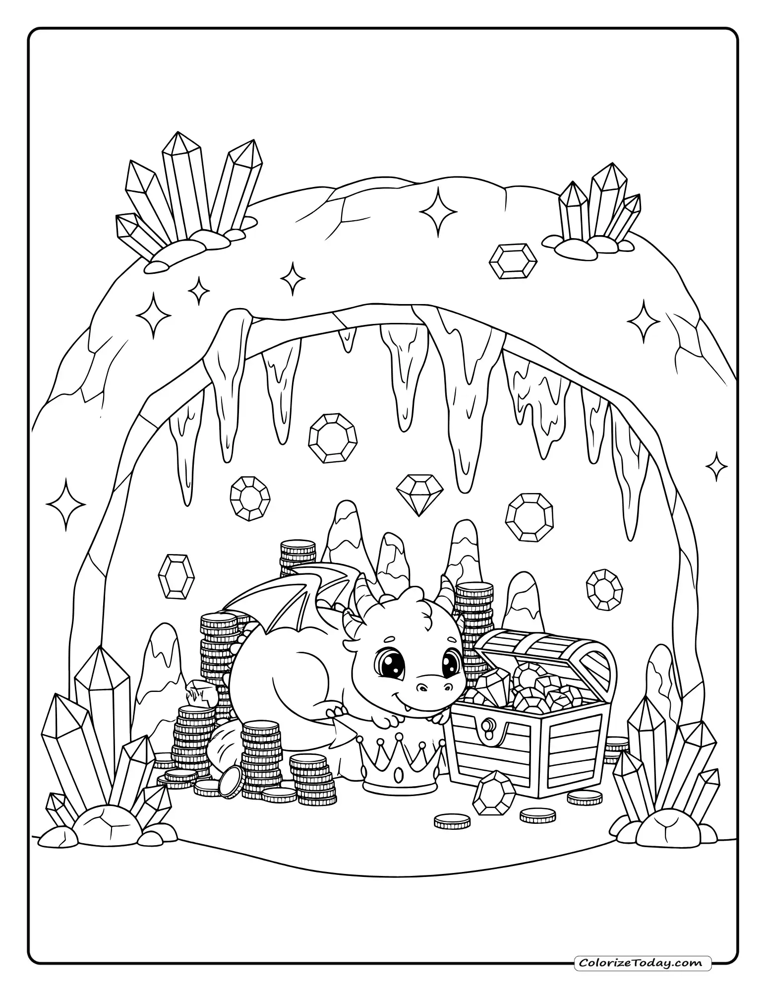 Magical cave coloring page with crystals, treasure, friendly dragon, stalactites and gems