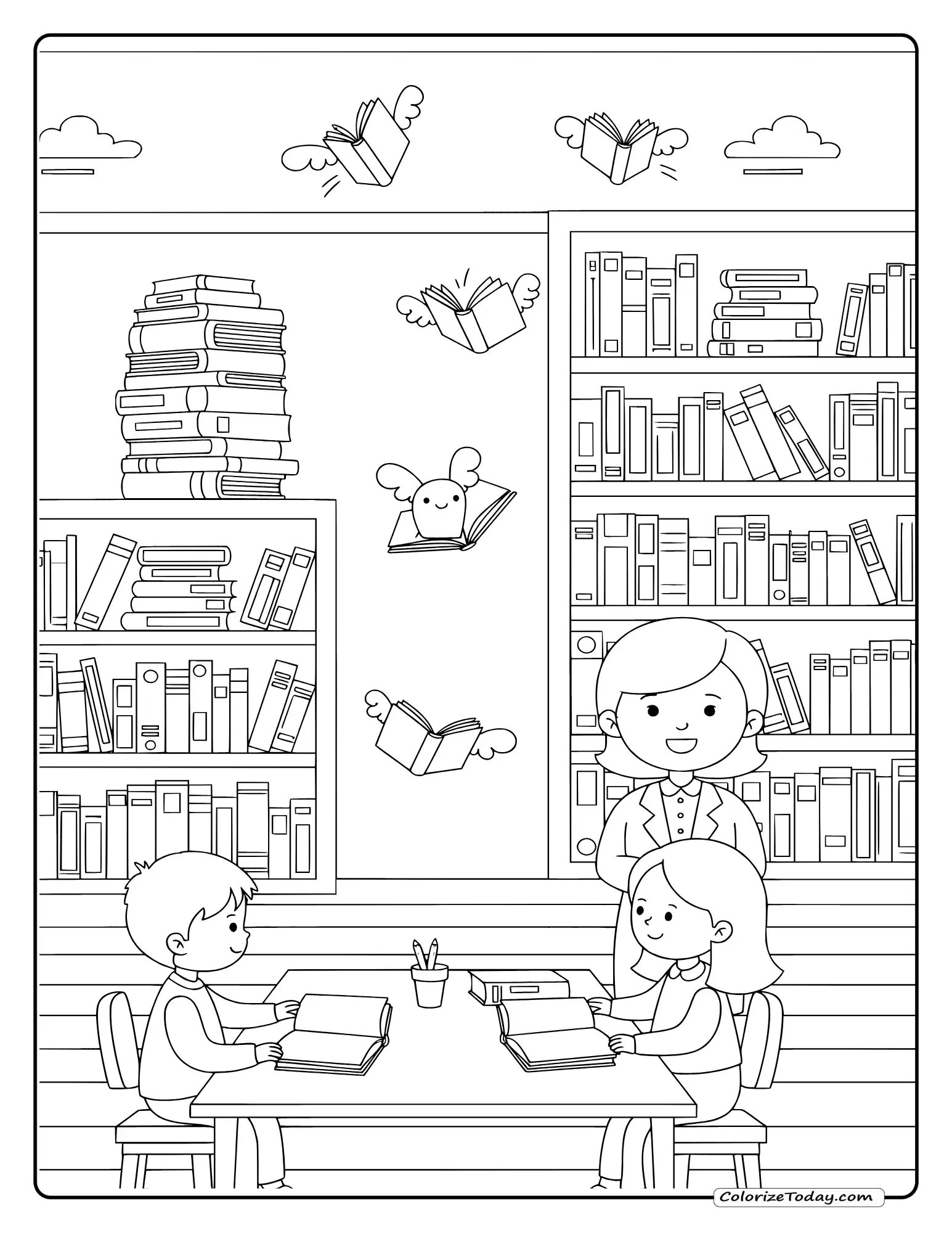 Library coloring page with bookshelves, reading table, children reading and flying books