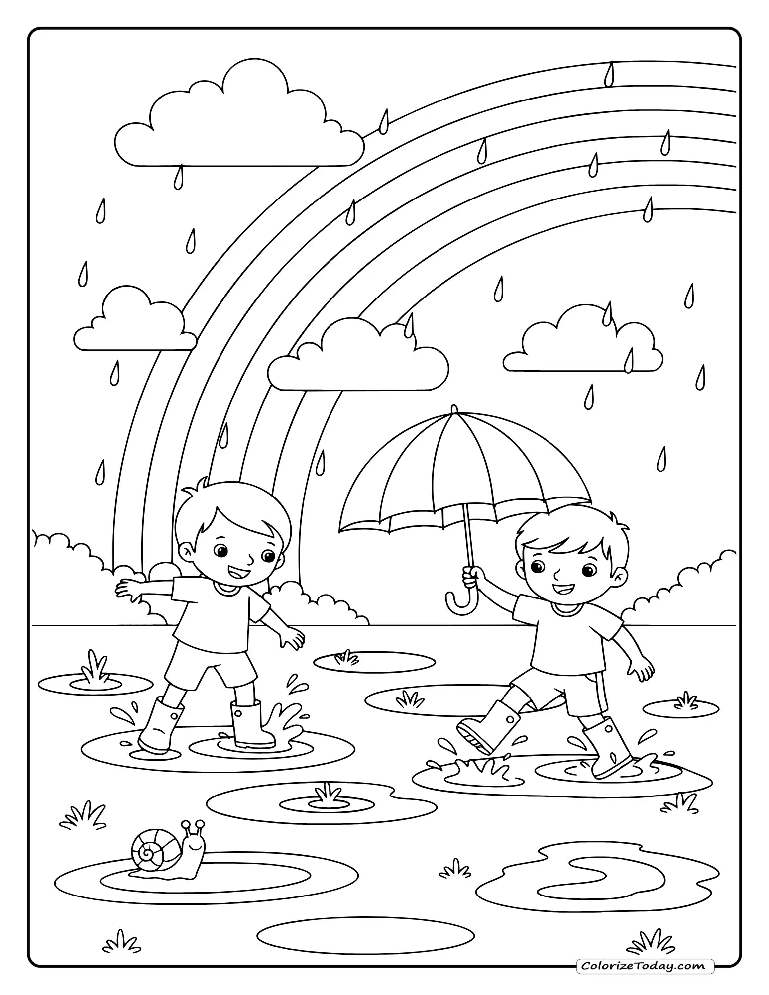 After rain coloring page with rainbow, puddles, children in rain boots, umbrella and snail