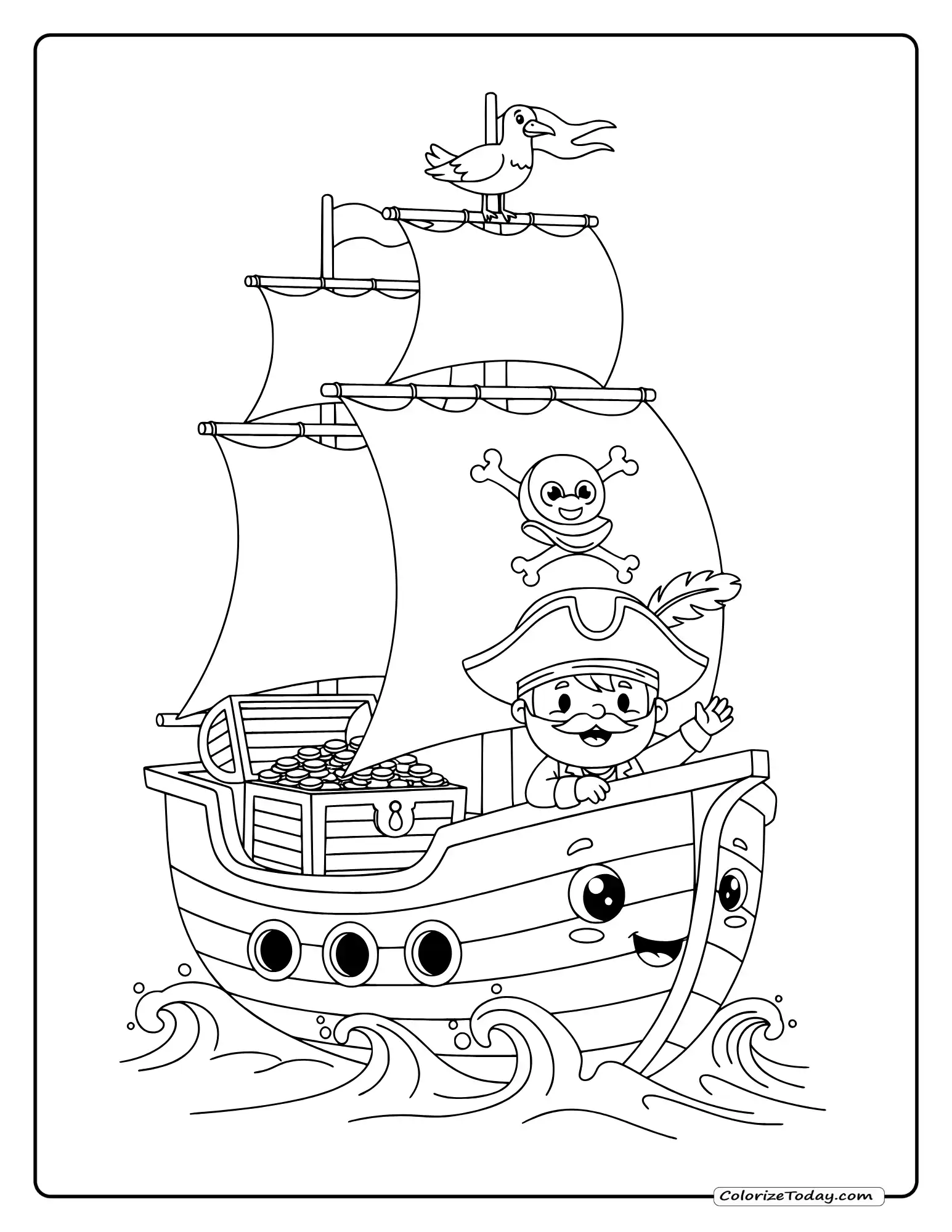 Pirate ship coloring page with friendly captain, treasure chest, sail and seagulls for kids