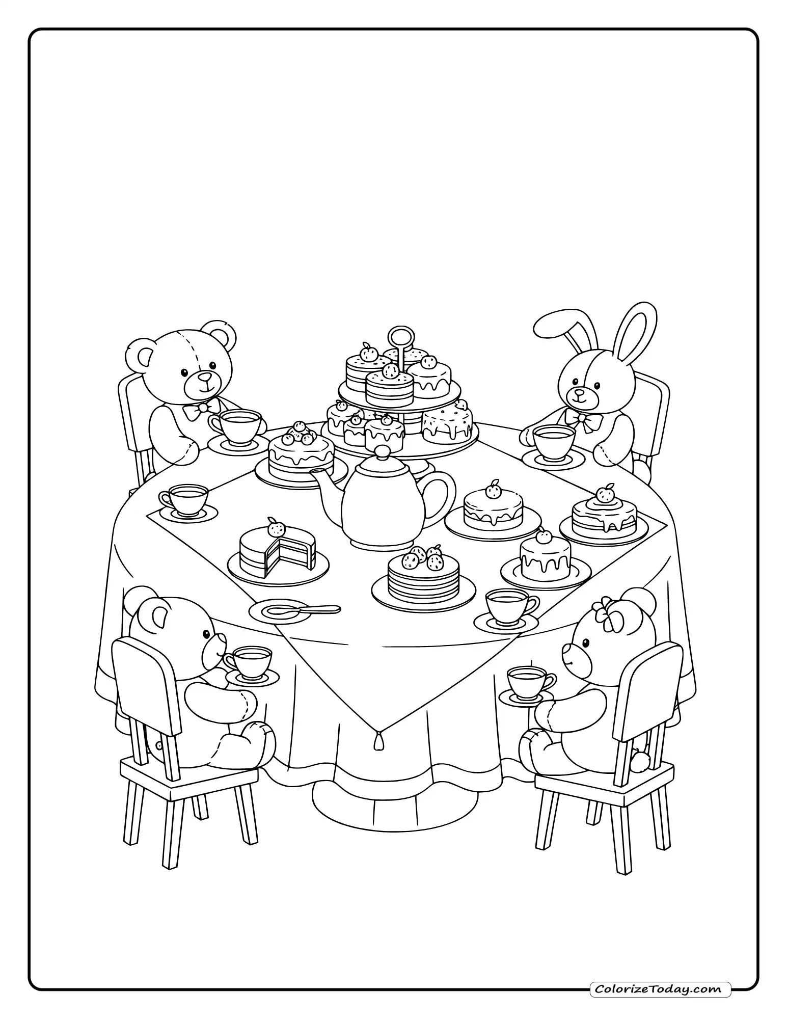 Tea party coloring page with teapot, cups, saucers, cakes and stuffed animals as guests