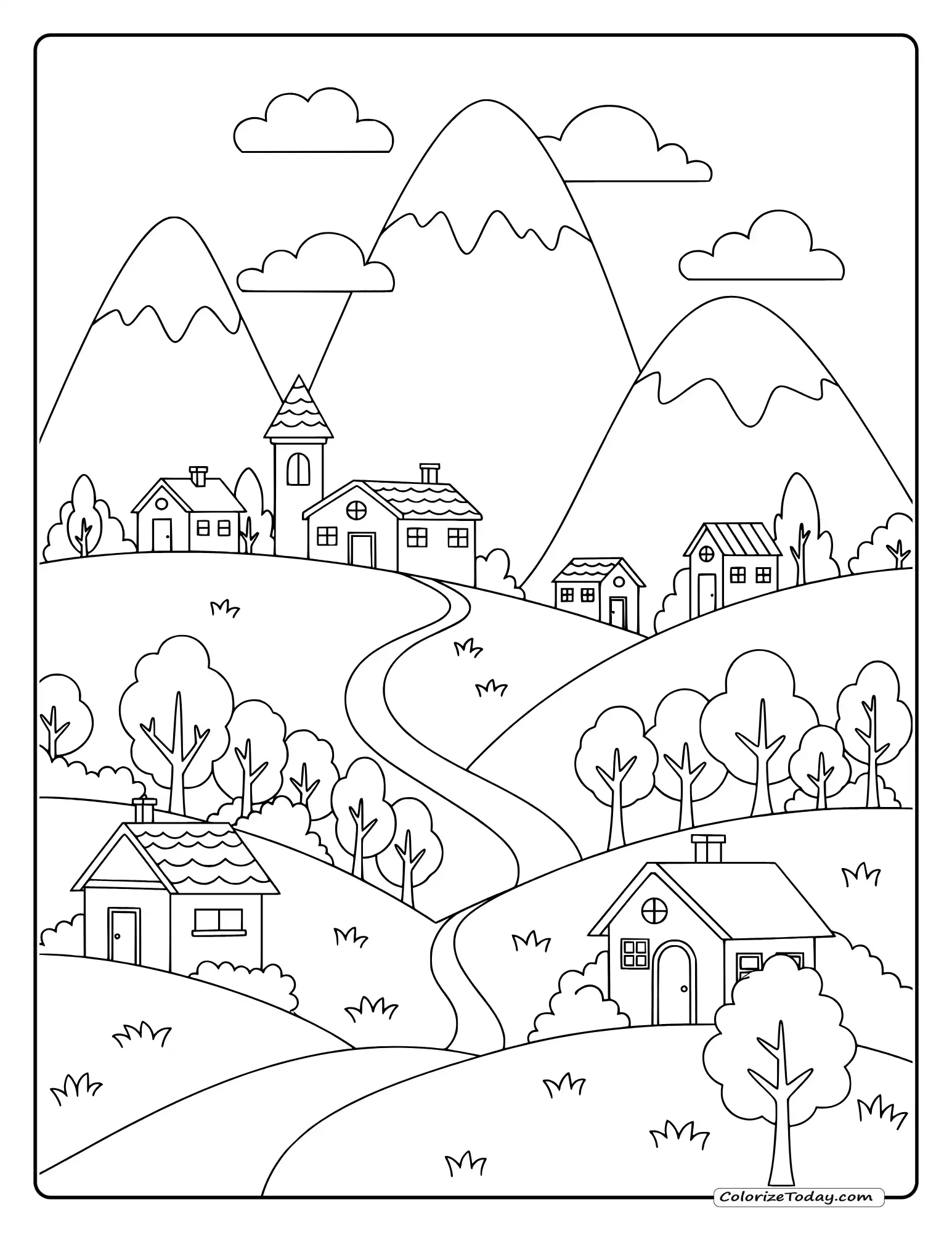 Mountain village coloring page showing small houses, winding paths, trees and clouds around peaks