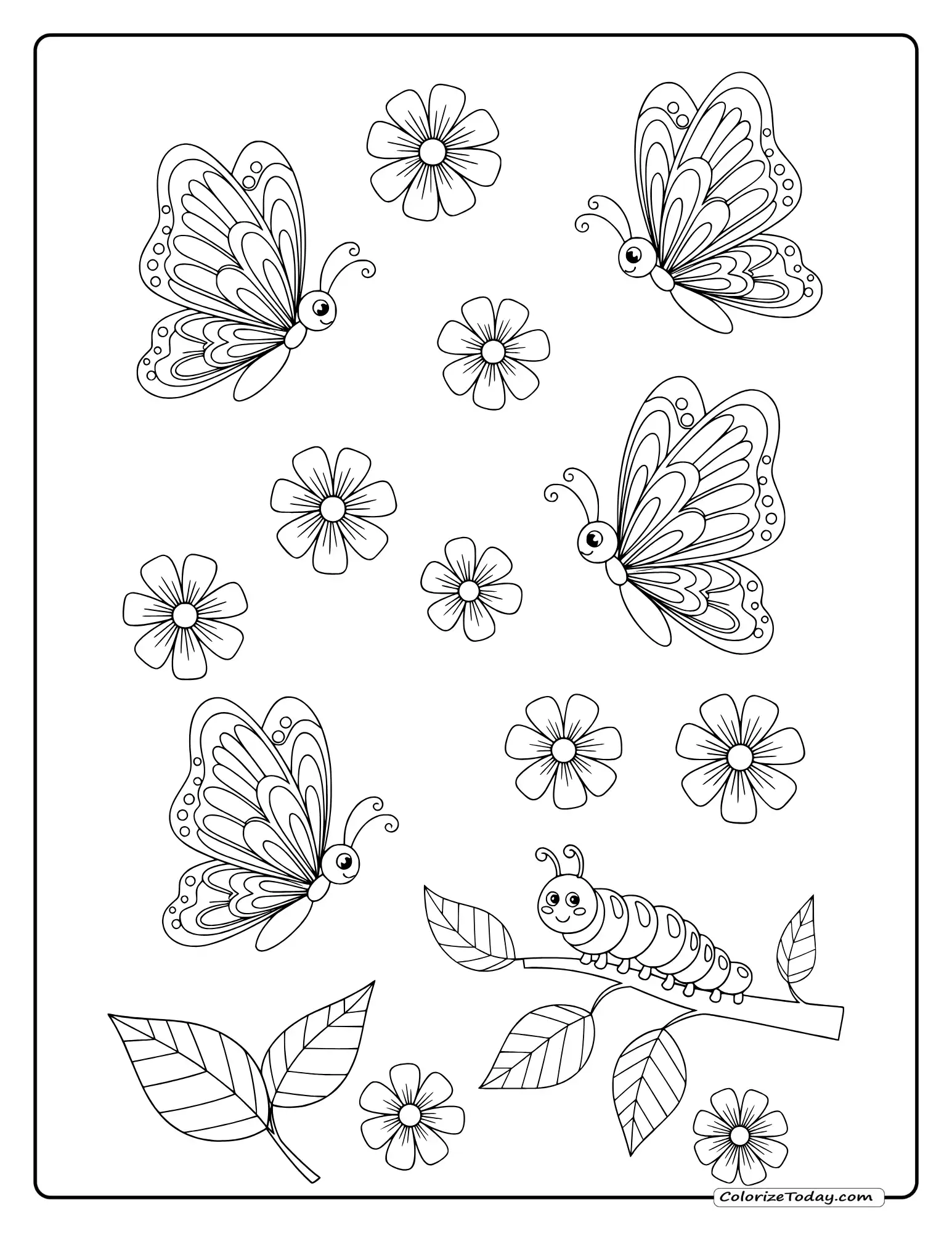 Butterfly garden coloring page with detailed wing butterflies, flowers, leaves and caterpillar