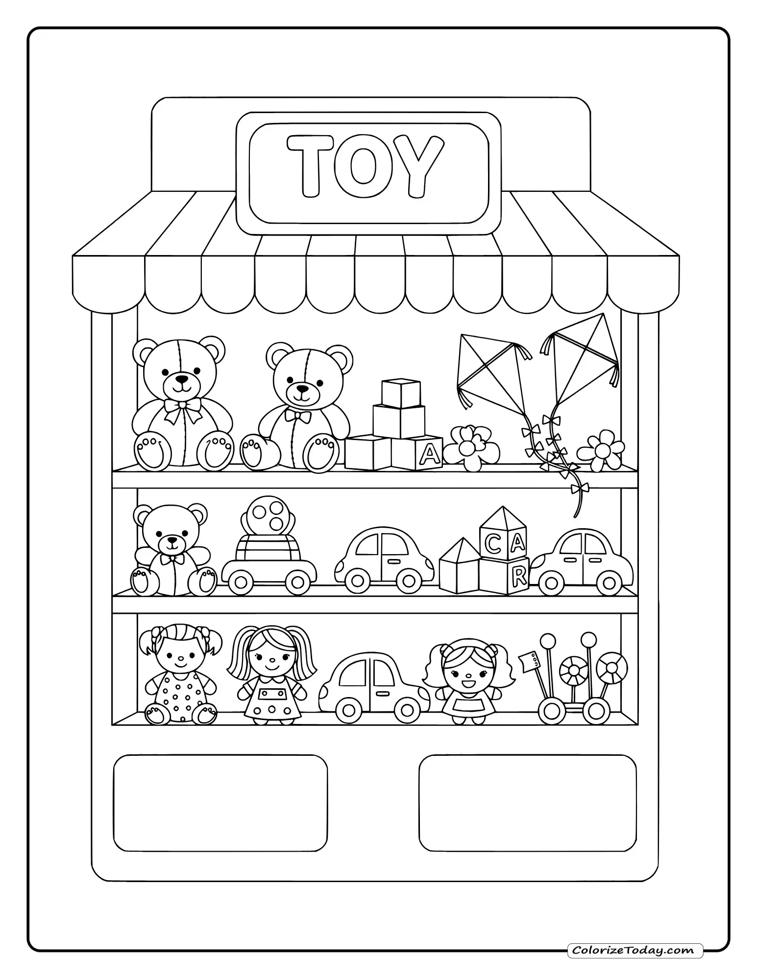 Toy store coloring page featuring teddy bears, building blocks, toy cars, dolls and kites