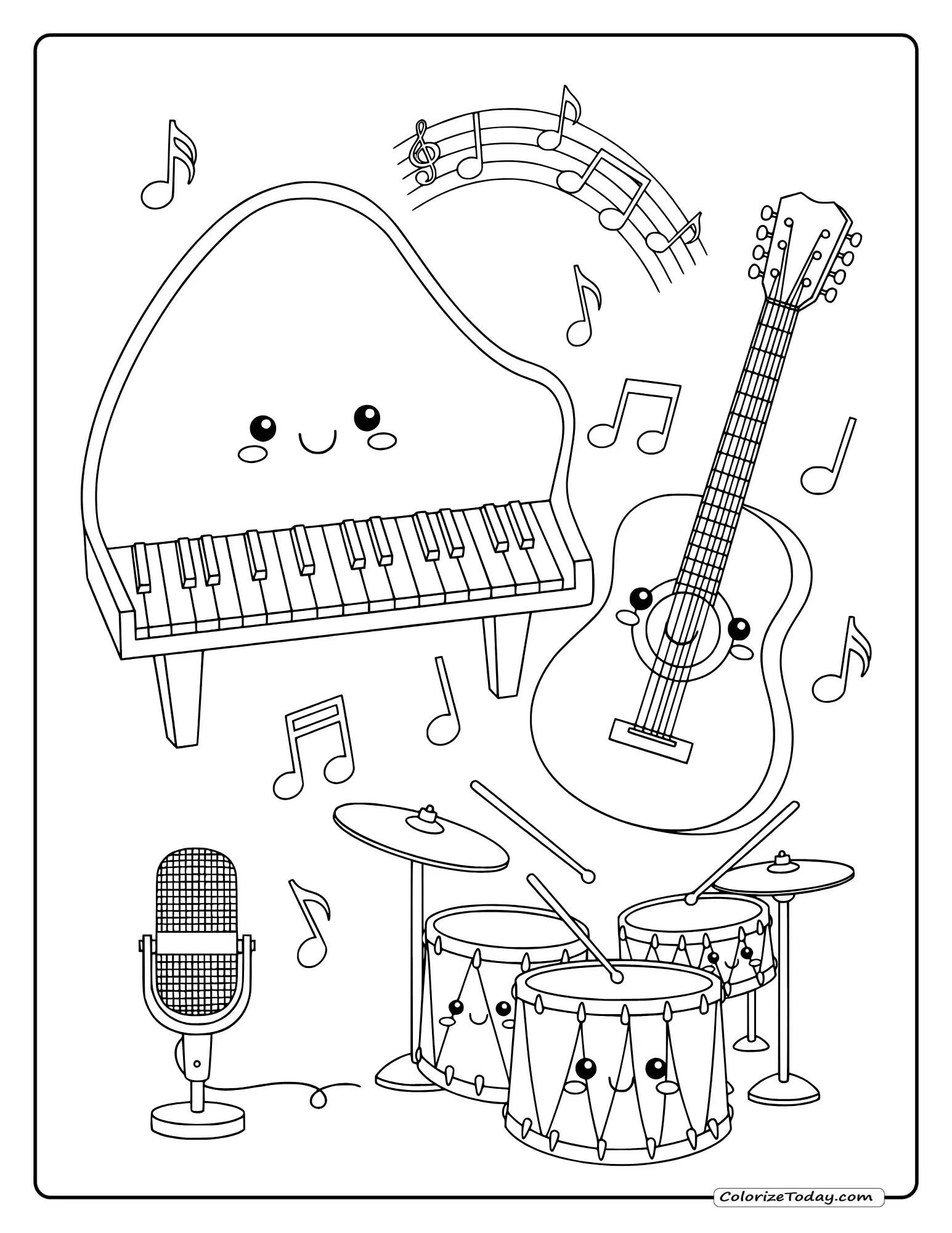 Musical scene coloring page with piano, guitar, drums, floating musical notes and microphone