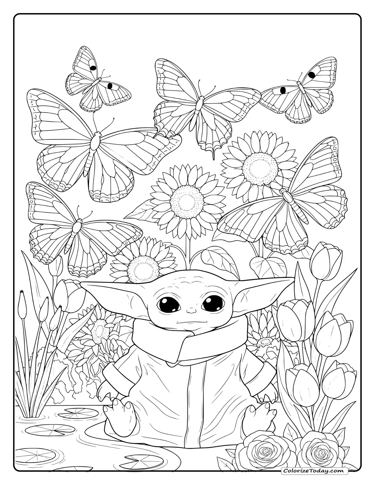 Baby Yoda tending to a magical garden. 