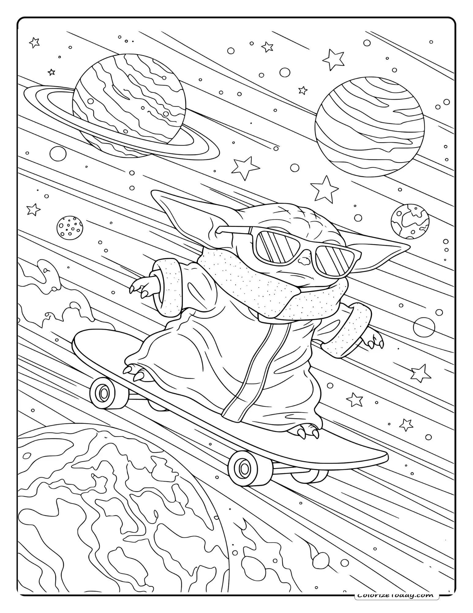 Baby Yoda Coloring Images - Baby Yoda skateboarding through space.