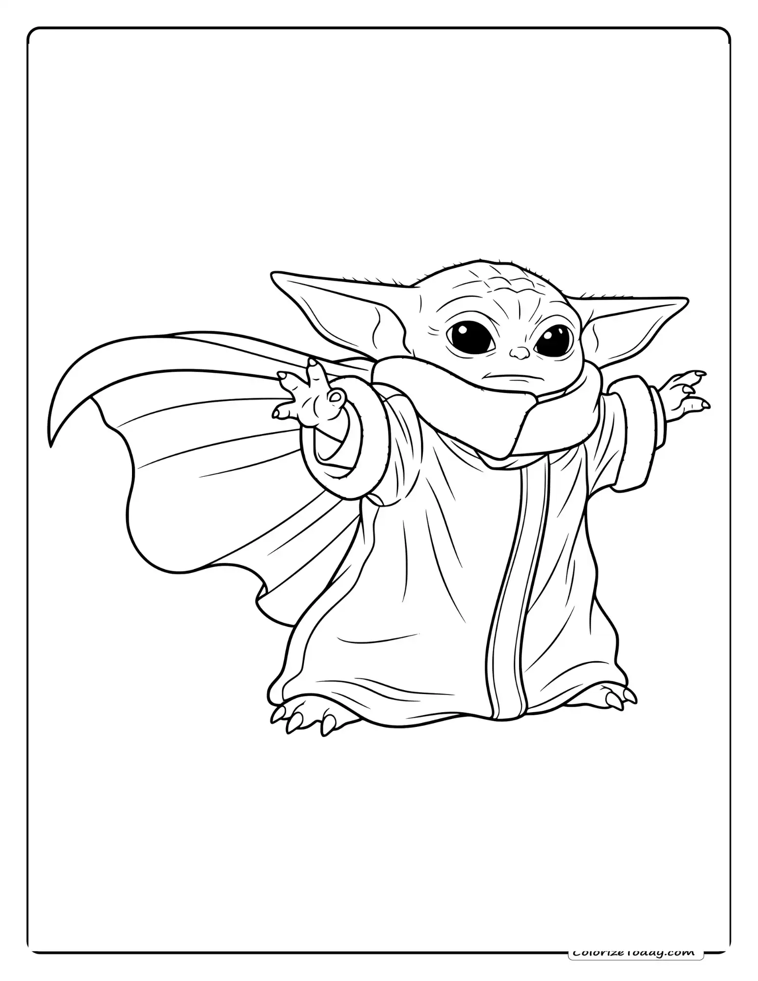 Coloring page featuring Baby Yoda wearing costume.