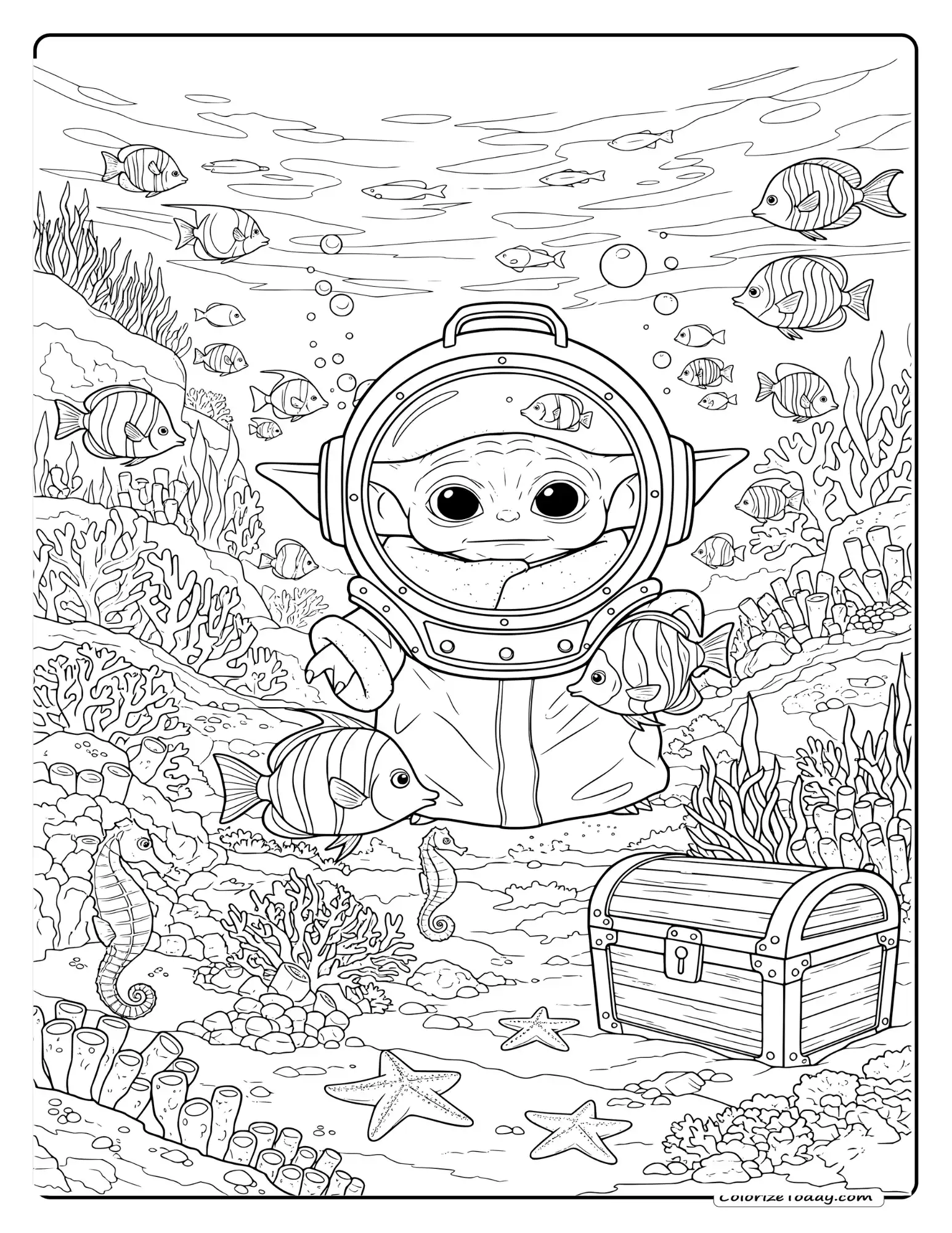 Coloring page featuring Baby Yoda in a diving helmet exploring an underwater world with fishes.