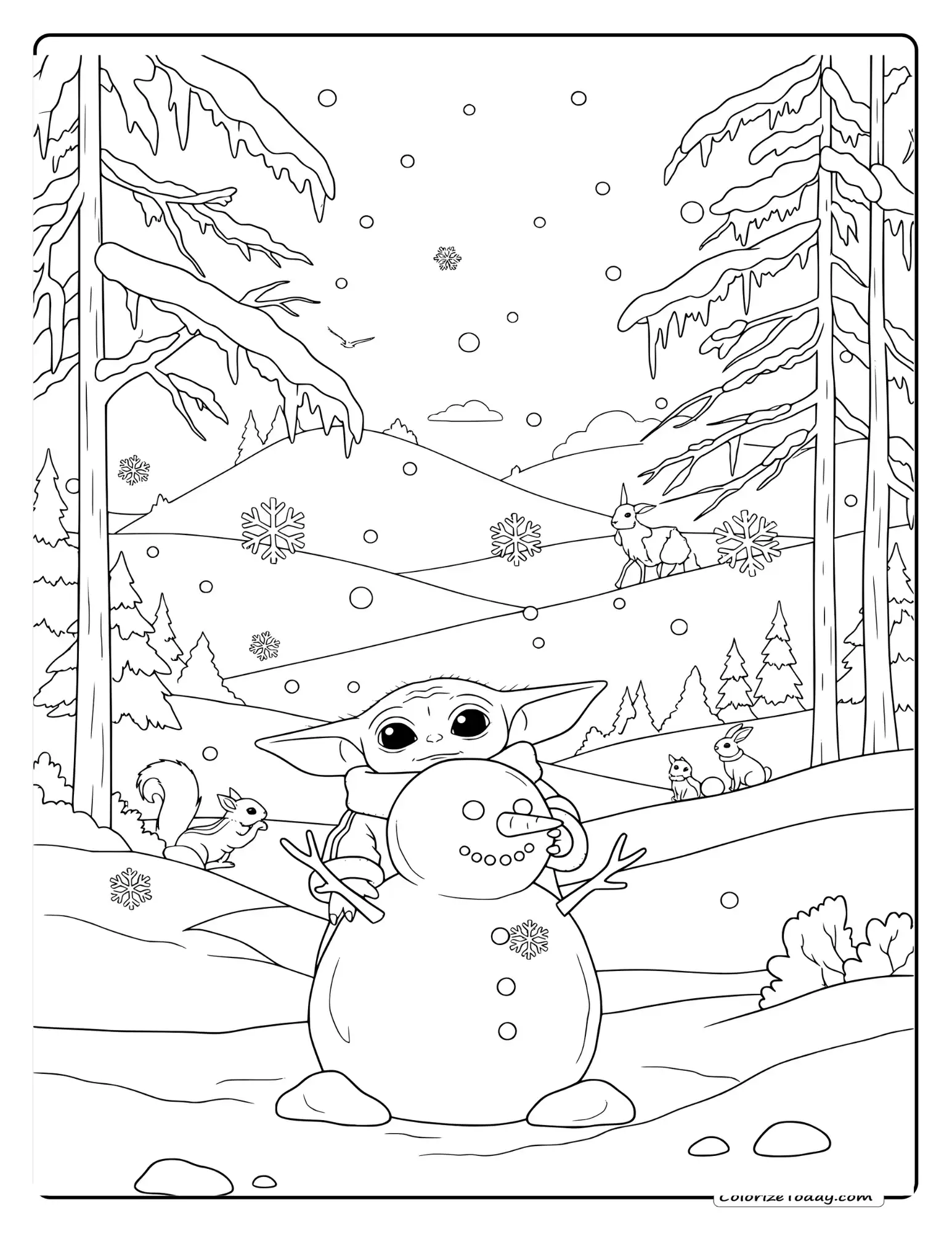 Baby Yoda Coloring Pages - Baby Yoda building a snowman