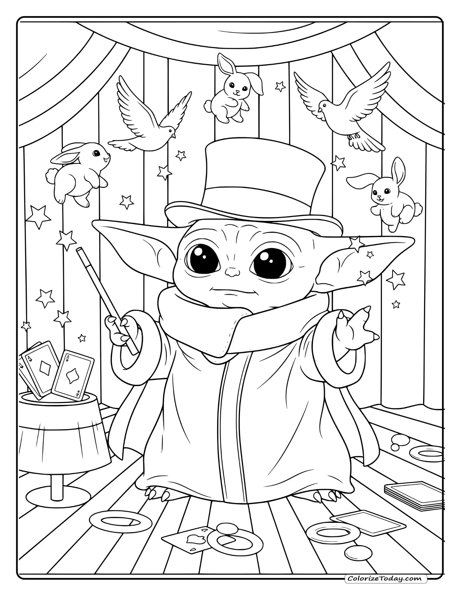 Show Baby Yoda as a magician performing tricks with a top hat, magic wand, and floating rabbits or doves.