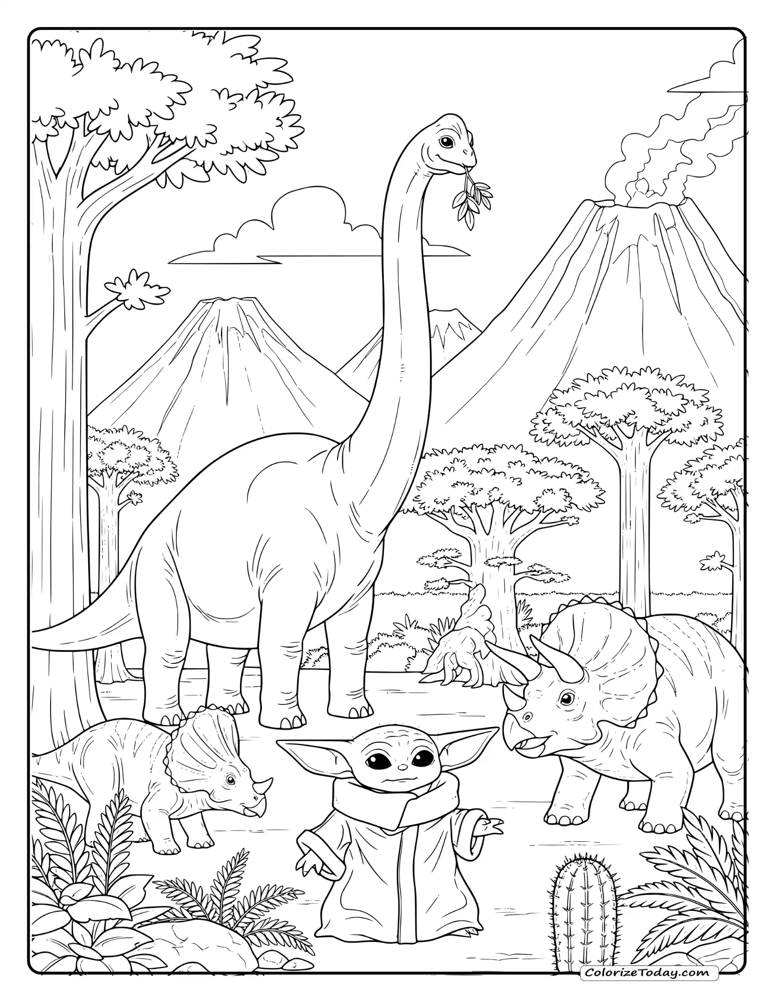 Baby Yoda Coloring Sheets - Baby Yoda befriending friendly dinosaurs in a prehistoric setting Coloring Page