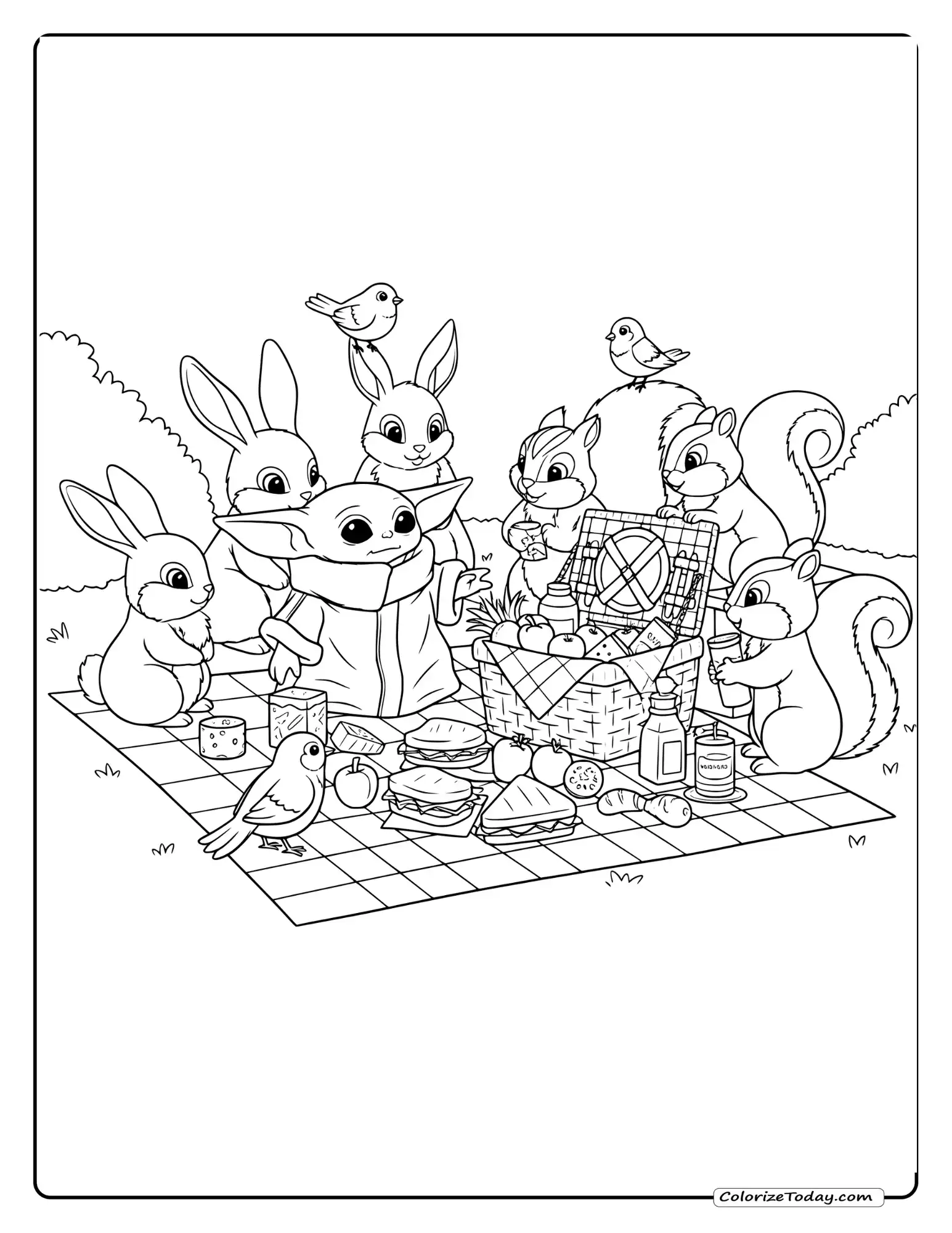 Baby Yoda Coloring Images - Baby Yoda in an elaborate treehouse with rope ladders, windows, and various forest creatures visiting.