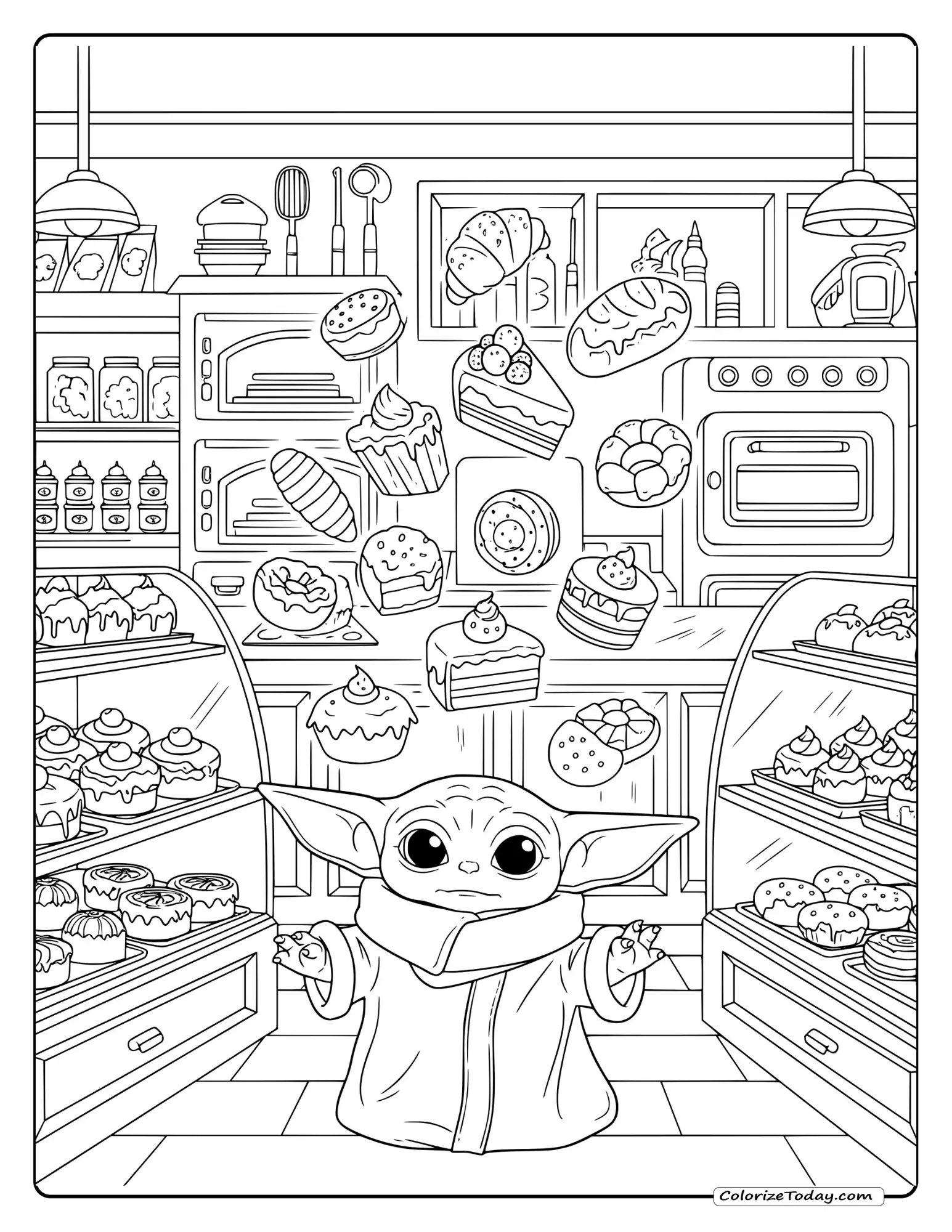 Baby Yoda in a cozy bakery Coloring Page