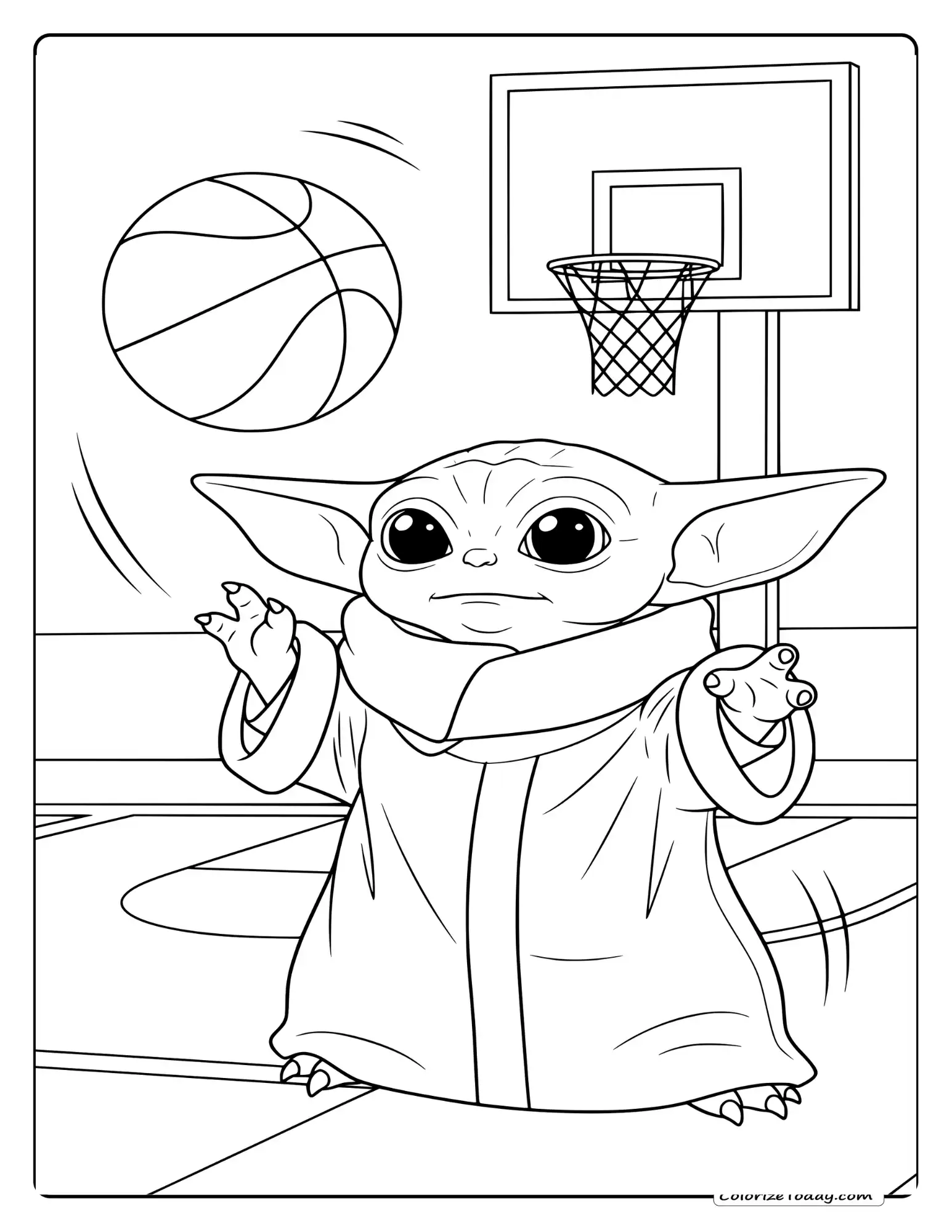 Baby Yoda Coloring Images - Baby Yoda playing basketball.