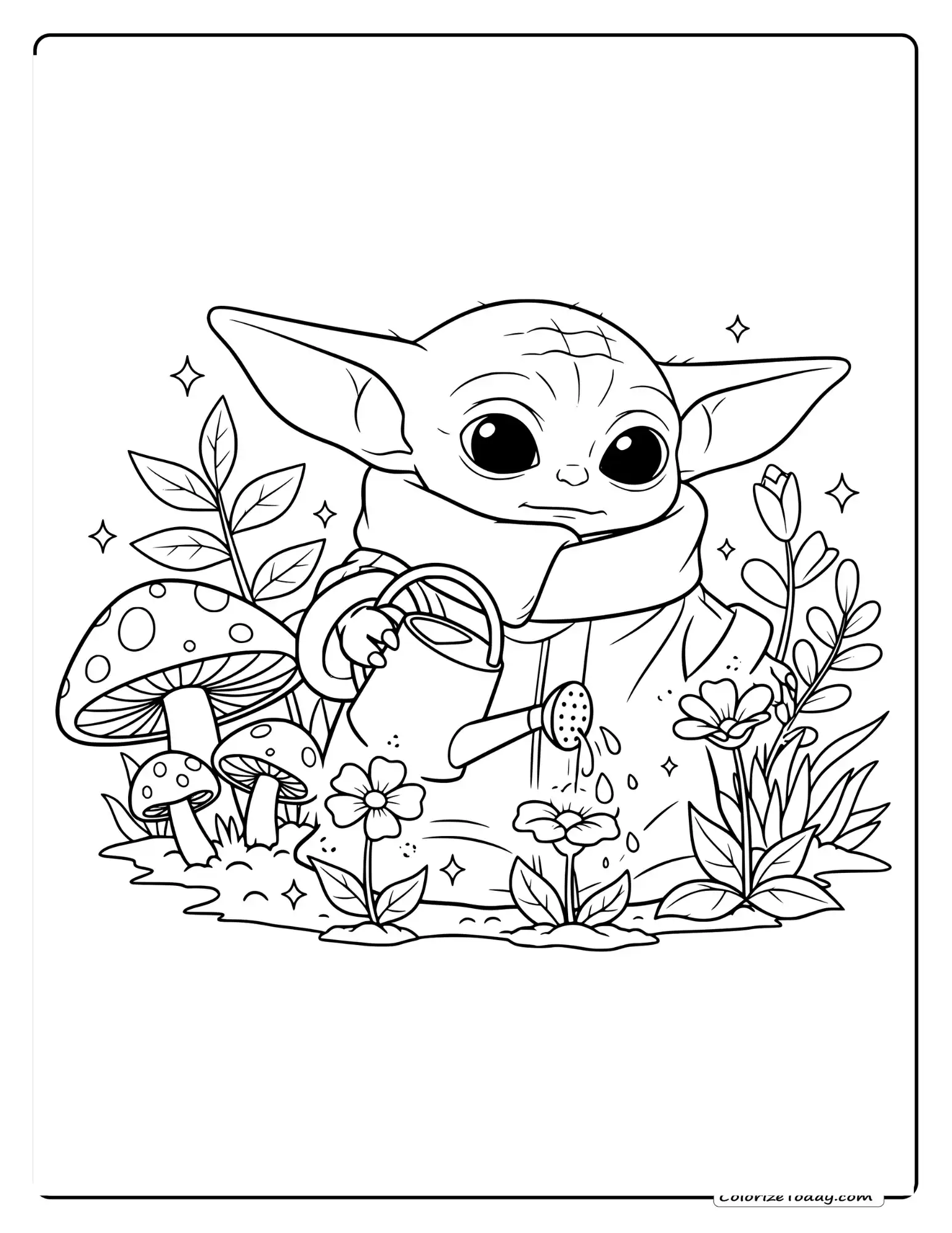 Baby Yoda Coloring Pages - Line art illustration of Baby Yoda tending to a magical garden.