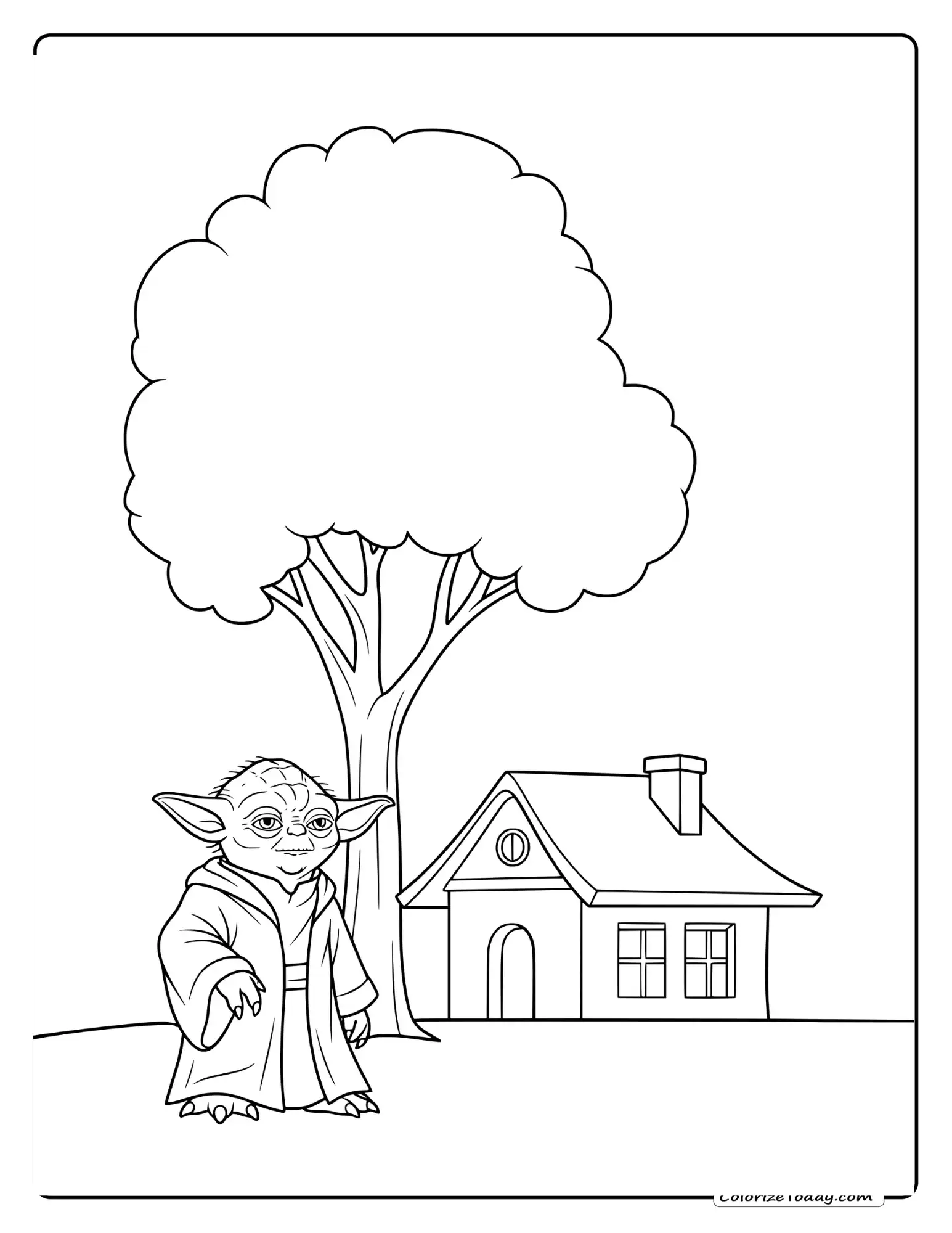 Coloring page featuring Baby Yoda, a tree and a house