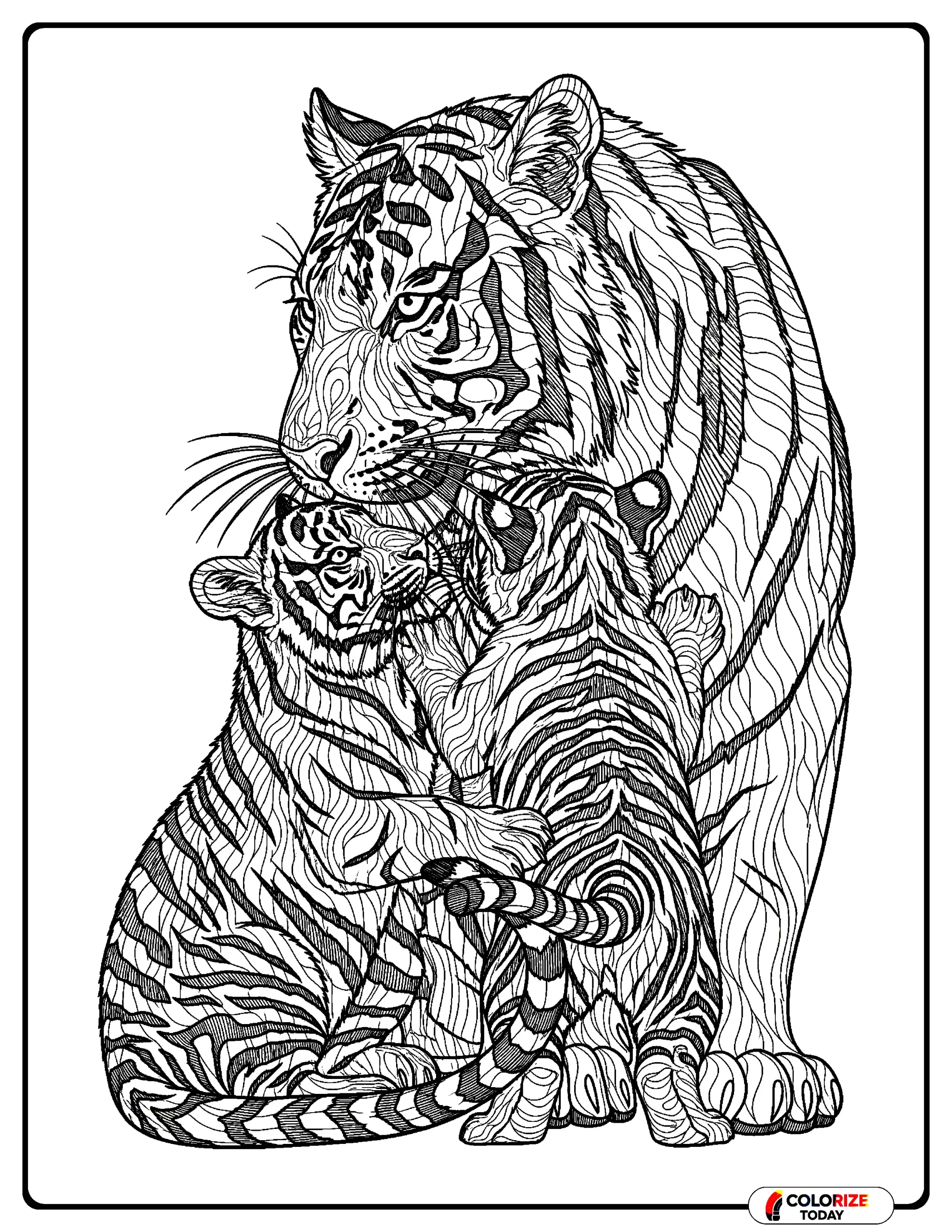 Detailed tiger mother caring for cubs family scene coloring page