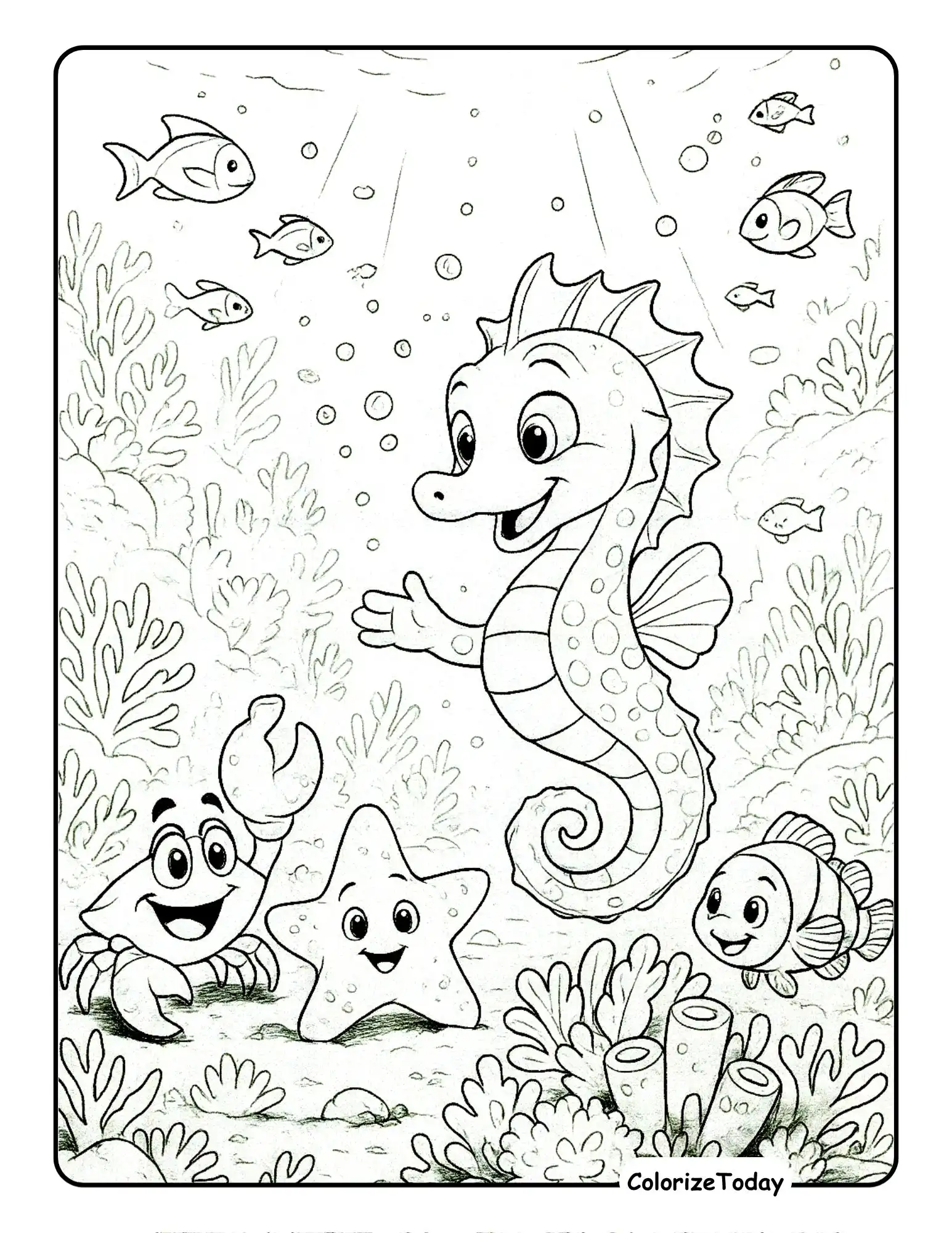Happy seahorse coloring image of a reunion on the coral reef