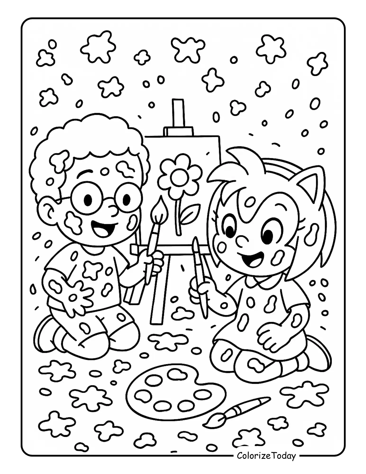 Baby Amy and Eric creating art with paint splashes and easel coloring page