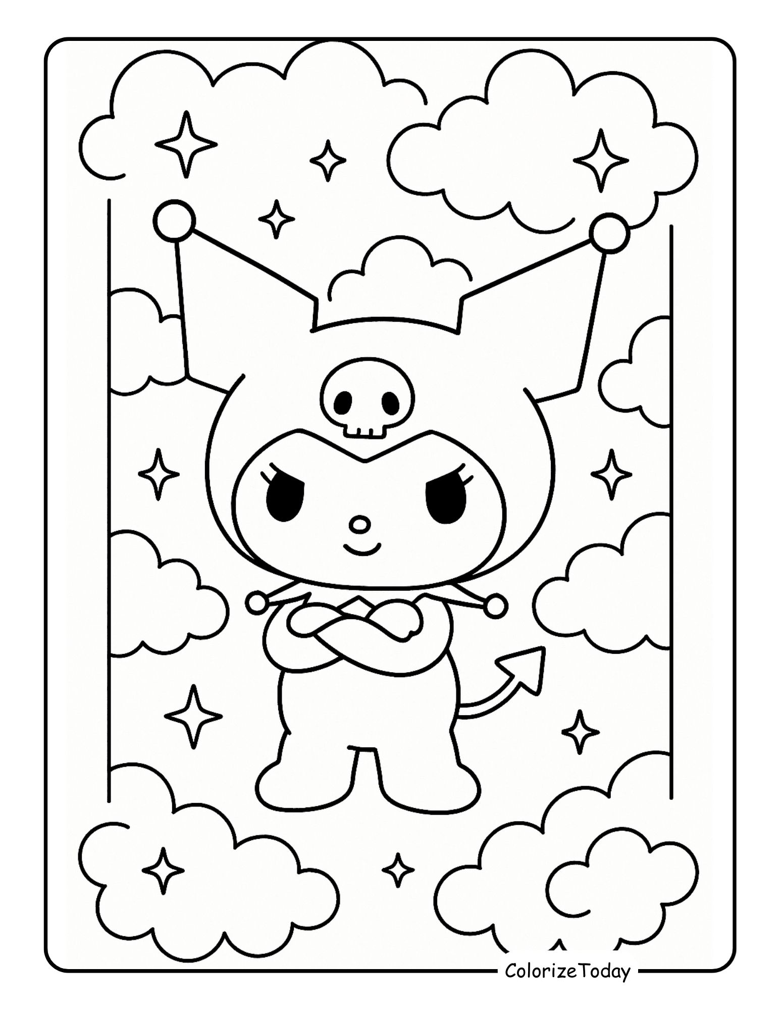 Kuromi standing with crossed arms wearing jester hat with stars and clouds, Kuromi Coloring Page