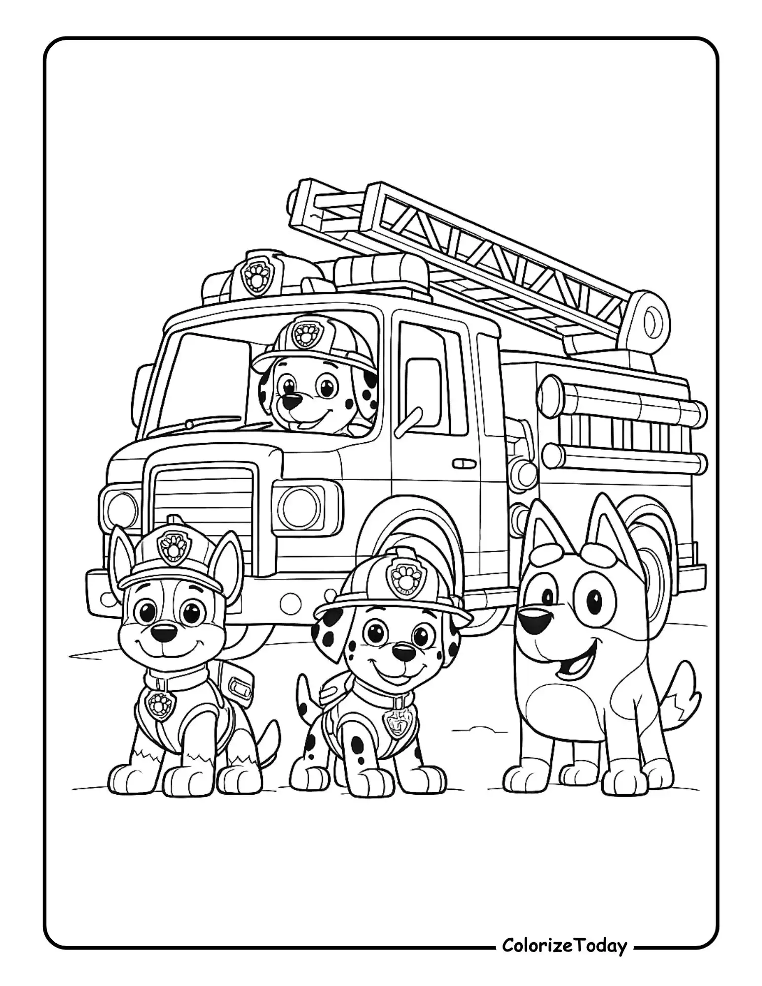 Chase, Marshall, Bluey, Fire Truck coloring Page